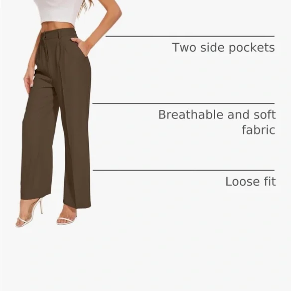 High waist, Wide leg Brown Pleated Pants - Picture 3 of 3